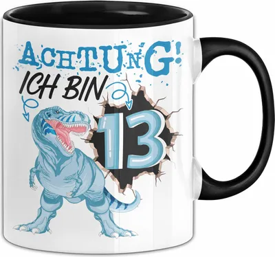 Produktbild von 13. Geburtstag Geschenk Tasse Becher Jungs Sohn T-Rex Geburtstagsgeschenk Dinosaurier Achtung Ich bin 13 Teenager (Schwarz)