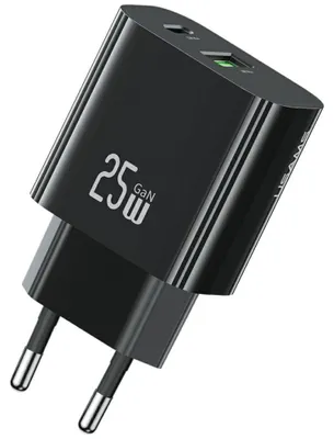 Image de Chargeur secteur Usams CC315 T65 25W, noir. 1 port USB-C, 1 port USB-A, charge rapide