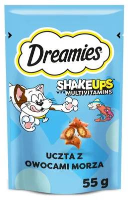 Produktbild von Dreamies Shake Ups Multivitamin-Leckerli für Katzen, 55 g, mit Meeresfrüchte-, Lachs-, Thunfisch- und Garnelengeschmack