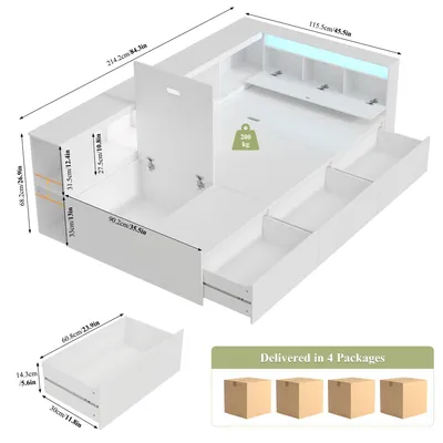 Immagine prodotto di Letto per bambini e ragazzi - Letto singolo 90x200 cm - Illuminazione a LED - 3 cassetti - Libreria - Letto contenitore in legno - Bianco