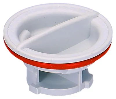 A close-up studio shot of a plastic drain plug with a red rubber seal.