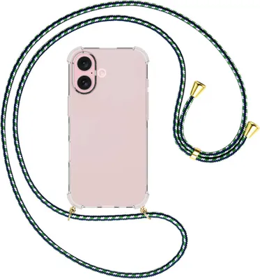 Produktbild von Handykette Backcover-Schutzhülle mit Band (Metall goldfarben) für iPhone 16 - grün/blau/weiß
