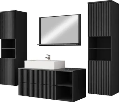 Produktbild von MIRJAN24 Badmöbel Kertos Rillen III, 5er-Set Badmöbel-Set, Spiegel, Waschbeckenschrank, Waschbecken, Fronten gefräst, Spihon (Farbe: Schwarz / Schwarz Rillen + Schwarzer Marmor)