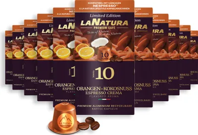 Zdjęcie produktu dla Kawa Premium Orange Coconut Espresso Crema - 110 kapsułek kawy | La Natura Lifestyle Organic 616g|based | kompatybilna z Nespresso®*³