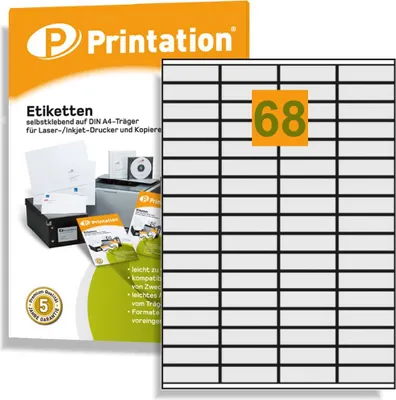Produktbild von Printation Universal Etiketten 52,5 x 16,9 mm - 6800 Blanko Klebeetiketten weiß 100 DIN A4 Bogen á 4x17 52x16 Labels permanent selbstklebend