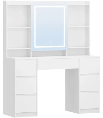 Imagen del producto de Tocador - Mesa de maquillaje - Espejo con LED - Intensidad de luz ajustable - 7 cajones - 4 estantes - Sin taburete - Blanco