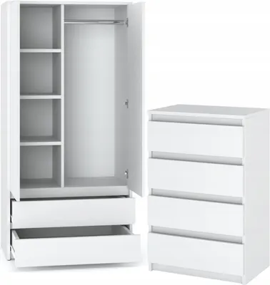 Image de STIV Möbel | Ensemble chambre à coucher blanc mat | Armoire 90x180 + commode 60x92 cm | 2 portes, 6 tiroirs, 5 étagères, tringle de penderie
