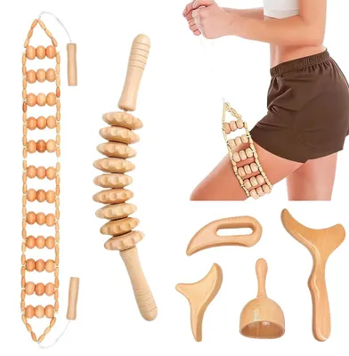 Produktbild von Massagewerkzeuge aus Holz - 6-teiliges Set - Manuelle Massage - Rollen und Schaben - Muskelentspannung - Körperformung - Lymphmassage für zu Hause