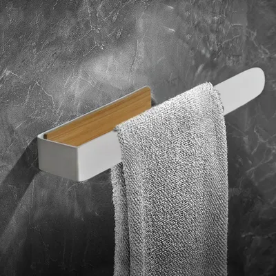 Image de Porte-serviettes sans perçage, blanc, en bambou, barre porte-serviettes pour salle de bain et cuisine, fixation adhésive, porte-serviettes pour salle de bain, salle d'invités ou WC, 40 cm, montage mural, blanc