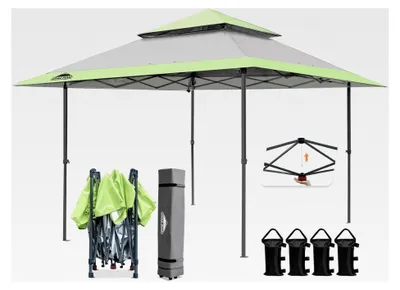 Produktbild von 4x4m Klapppavillon Wasserdicht Pop Up Faltpavillon Doppelspitze für Garten, Party, Hochzeit, Picknick und Festival, inkl. Tragetasche mit Rollen (Grau)