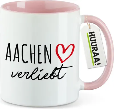 Produktbild von Huuraa Kaffeetasse Aachen verliebt 330ml Rosa Keramik Kaffeebecher Geschenkidee
