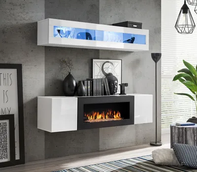 Immagine prodotto di Set parete attrezzata bianca, credenza sospesa, soggiorno moderno, set di mobili 2 pezzi.