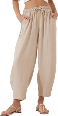 Produktbild von ASKSA Damen 7/8 Laenge Hose Freizeithose Hohe Taille Sommerhose Lose Knoechellange Hosen Casual Strandhose mit Taschen (Aprikose,XXL)