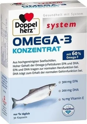 A product box for Doppelherz Omega-3 Konzentrat system capsules.