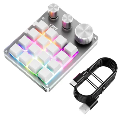 Zdjęcie produktu dla Programowalna klawiatura makro 16-klawiszowa klawiatura do gier z 3 pokrętłami i przewodowym kontrolerem głośności USB + BT Biały