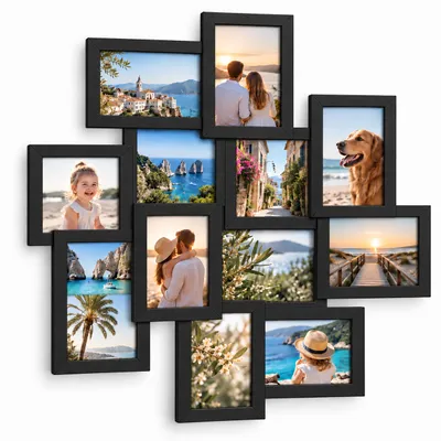 Productafbeelding van Relaxdays fotolijst collage, voor 12 foto's van 10x15 cm, fotocollage, voorgemonteerd, afmetingen 64,5x62 cm, wanddecoratie, materiaal: MDF, kleur: zwart, AI-gegenereerde afbeelding