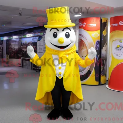 Produktbild von Maskottchenfigur REDBROKOLY eines zitronengelben Zirkusdirektors mit Culotte und Schal