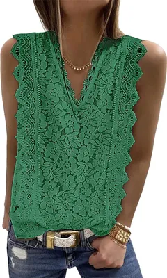 Produktbild von ASKSA Damen Ärmellos Bluse Spitze T-Shirt Elegant V-Ausschnitt Hemd Sommer Oberteile Tunika Blusen Tops , Grün, XXL