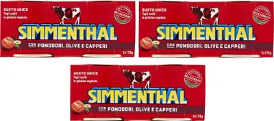 Produktbild von 3x Simmenthal con Pomodori Olive e Capperi Fertiggericht aus Rindfleisch in Gemüsegelee Dosenfleisch mit Tomaten, Oliven und Kapern (2 x 135g)