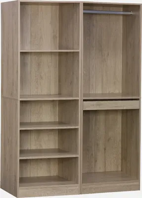 A modular wardrobe set with two elements, one side featuring shelves and the other a hanging rail and a drawer.