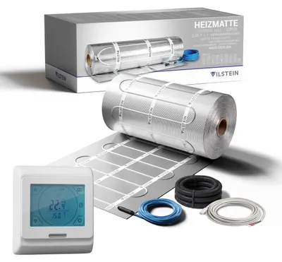 Produktbild von VILSTEIN Aluminium-Fußbodenheizung 150W/m² – Elektrische Heizmatte für Laminat, Parkett & Vinyl, selbstklebend, zuschneidbar, Touchscreen-Thermostat, Komplettset 13m²