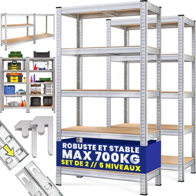 Image de MONZANA® 2x Étagères charge lourde 5 niveaux 170x75x30cm Étagère métallique modulable max 350kg Rangement garage atelier