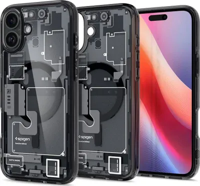 A transparent phone case with internal component graphics is shown next to a smartphone.