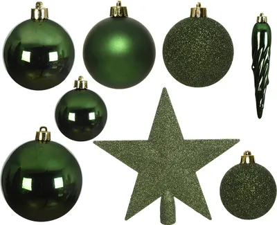 Produktbild von Weihnachtskugeln mit Christbaumstern Kunststoff 33er Set - Piniengrün