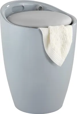A light gray laundry hamper with a gray lid and a white towel draped over the side.
