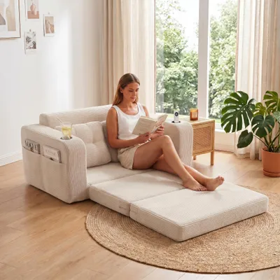 Image de LVHOM Canapé-lit multifonctionnel 1,5 places en velours côtelé, convertible en lit d'appoint, canapé-lit pliant pour chambre d'adolescent, beige
