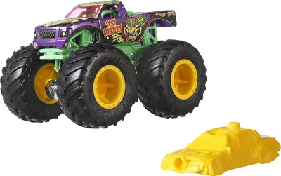 A toy monster truck and a yellow toy car.