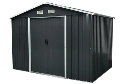 Produktbild von AGA Gartenhaus, verzinkter Stahl, Dunkelgrau, 301x214x238 cm (7,2 m²), Modell MR4053, Doppelschiebetüren, Lüftungsgitter, Korrosions- und witterungsbeständig, einfache Montage, vielseitige Lagerung