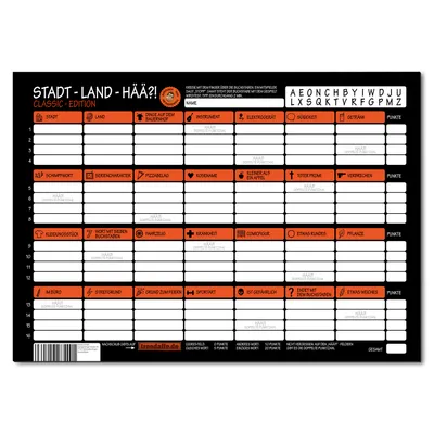 A game board for a 'Stadt Land Hää?!' game, which is a variation of 'Stadt Land Fluss'.
