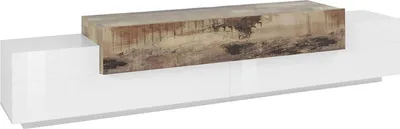 Produktbild von Fernsehschrank Dlamann, Niedriges Sideboard für Wohnzimmer, Sockel für TV-Möbel, 100 %  Italy, cm 240x45h52, Weiß glänzend und Ahorn