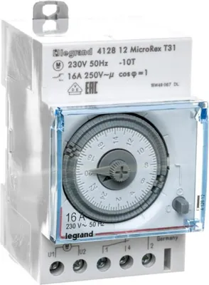 Imagen del producto de Legrand MicroRex T31F, temporizador analógico de uso diario, sin reserva de marcha, 230V 50Hz, 1 canal, 3 módulos de instalación, 1 unidad.