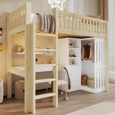 Produktbild von Hochbett 90x200 cm mit Schreibtisch, Kleiderschrank, 3 Schubladen, Stauraum, Treppe & Rausfallschutz, Kinder- und Jugendbett aus Kiefernholz, Naturholz