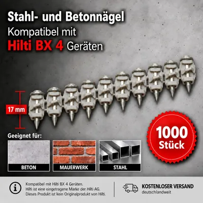 Imagen del producto de 1000 clavos compatibles con Hilti BX 4 de 17 mm – clavos para hormigón, clavos de acero