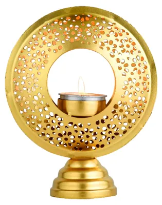 Produktbild von Orientalischer Teelichthalter aus Metall in 16 cm | Windlicht für Garten und Wohnzimmer | Goldene Kerzenhalter für Teelichter