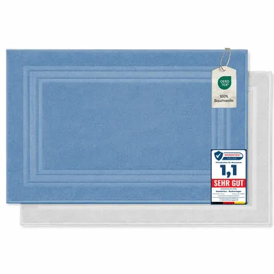 Produktbild von Komfortec Badvorleger 2er Set, 100% Baumwolle, 600 GSM, 50x70 cm, Hellblau/Weiß, waschbar