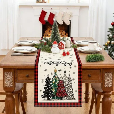 Imagen del producto de Uniqoos®: Mantel individual navideño, diseño a cuadros rojo, 100% poliéster con aspecto de lino, 40 x 240 cm, para 6-8 personas, decoración festiva para la mesa