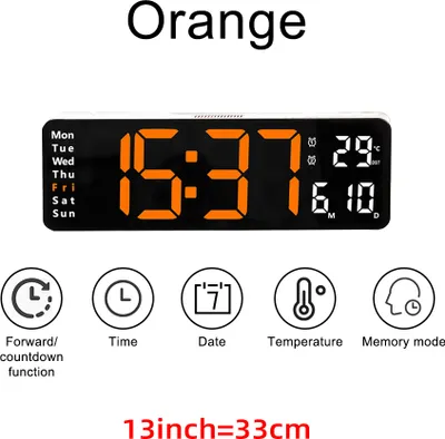 Obrázok produktu pre Veľké digitálne nástenné hodiny LED, diaľkové ovládanie, teplota, dátum, týždenný displej, pamäťová tabuľka, montáž na stenu, dva elektronické budíky, 13 INCH, oranžová farba
