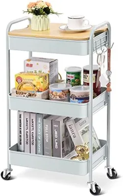 Produktbild von PromoHome® Drielaags Opbergkarretje mit Holzablage und Bremsrollen, 47x29x77 cm, Grün