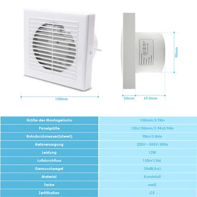 Obrázek produktu pro Wolketon Koupelnový ventilátor Nástěnný ventilátor Tichý bílý WC 100 mm s vodicí deskou pro zpětný tok