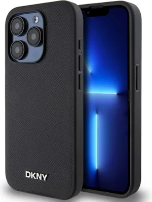 Immagine prodotto di DKNY, Custodia protettiva MagSafe Logo argento metallo per Apple iPhone 15 Pro Max, nero
