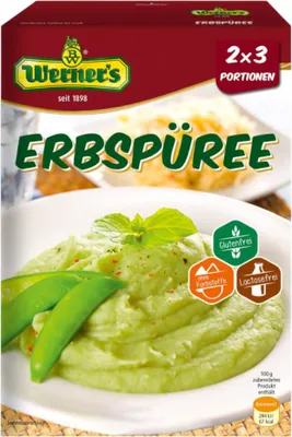 Product packaging for Werner's Erbspüree, showing a bowl of pea puree with garnishes and ingredients.