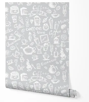 Produktbild von Selbstklebende Tapete Möbelfolie Kaffee Muster Küche Café Stil Grau Weiß Coffee Espresso Design Tapete Küche Wohnzimmer Esszimmer 5m x 0,5m