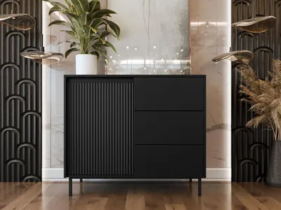 Image de MIRJAN24 Commode combinée Ozmi 1D3SZ, Commode avec porte battante et trois tiroirs, Système d'ouverture sans poignée push to open (couleur : noir)