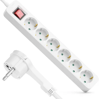Produktbild von deleyCON 6-Fach Steckdosenleiste mit Flachstecker - 3,0m Kabel - Mit ON/OFF Schalter - Ideal hinter Möbel, Mehrfachsteckdose Stromkabel Verteiler Verlängerung Stromleiste 3680W 16A - Weiß