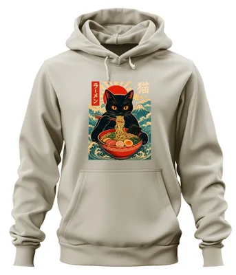 Obrázok produktu pre Čierna mačka, ramen, Japonsko, anime, manga, roztomilé, štýl rokov 2000, mikina s kapucňou s motívom cestovín, prírodná farba, veľkosť S