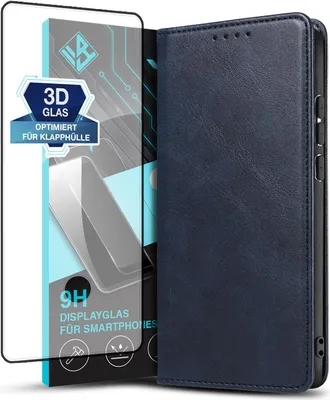Produktbild von Handyhülle für Samsung Galaxy S23 Ultra mit 9H Displayglas Kunstleder Flip Cover Hülle Handytasche Case Kartenfach Farbe: Blau
